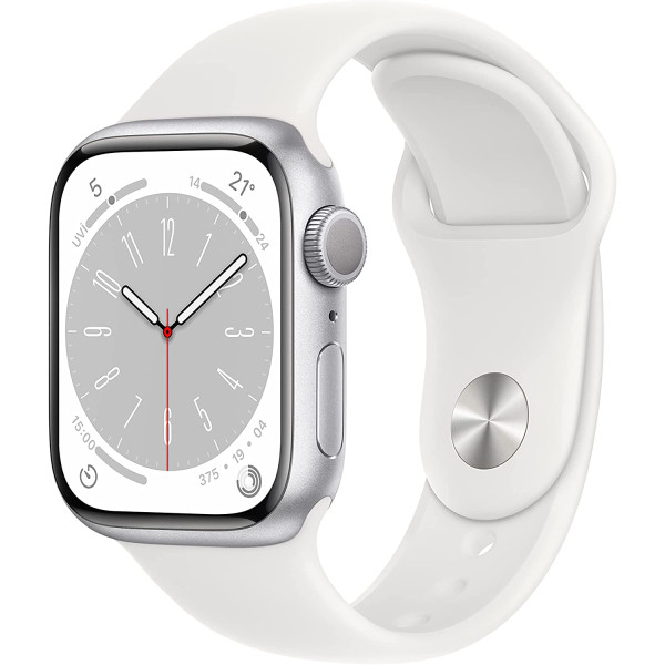 Apple Watch Series 8 [GPS 41 mm] Akıllı Saat, Gümüş Rengi Alüminyum Kasa ve Beyaz Spor Kordon