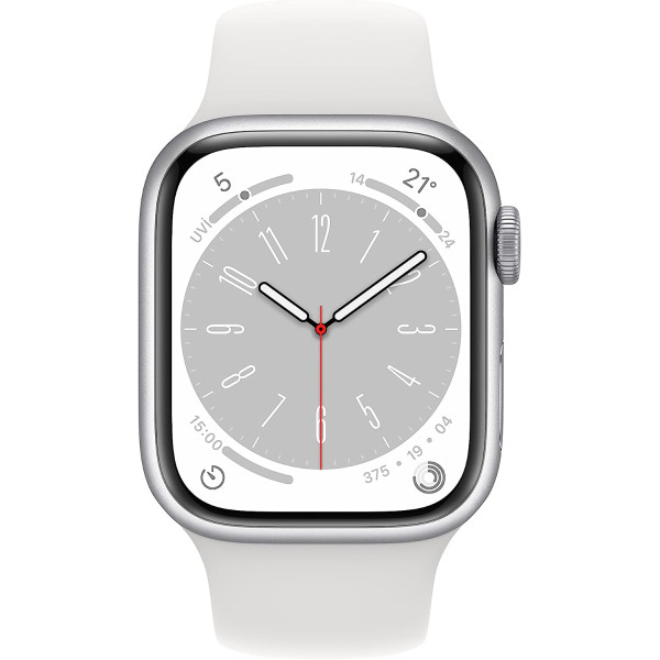 Apple Watch Series 8 [GPS 41 mm] Akıllı Saat, Gümüş Rengi Alüminyum Kasa ve Beyaz Spor Kordon