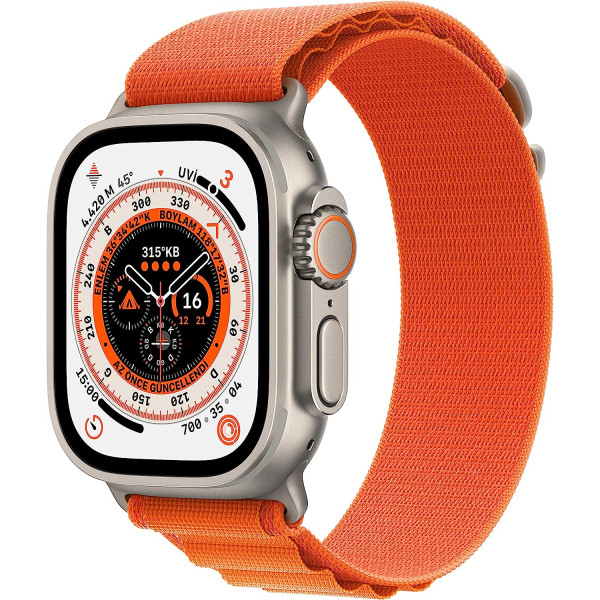 Apple Watch Ultra Titanyum Kasa ve Turuncu Alpine Loop Orta Boy Kayış Akıllı Saat