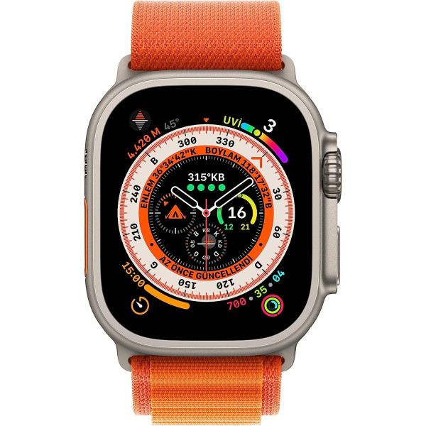 Apple Watch Ultra Titanyum Kasa ve Turuncu Alpine Loop Büyük Boy Kayış Akıllı Saat