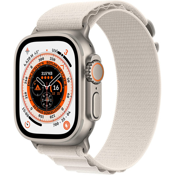 Apple Watch Ultra Titanyum Kasa ve Yıldız Işığı Alpine Loop Orta Boy Kayış Akıllı Saat